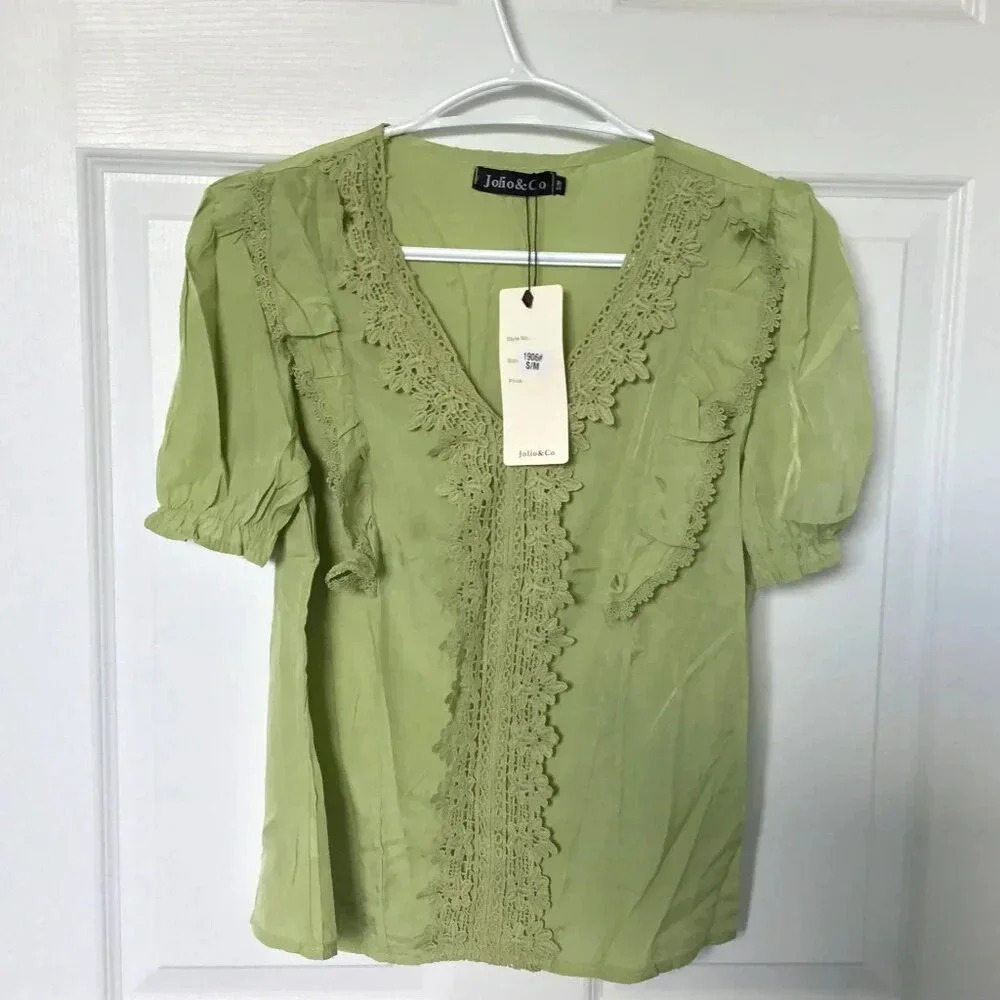 NWT Sage Green Cotton Lace Crochet Trim Boho Chic Top S/M Puff Sleeve Coastal